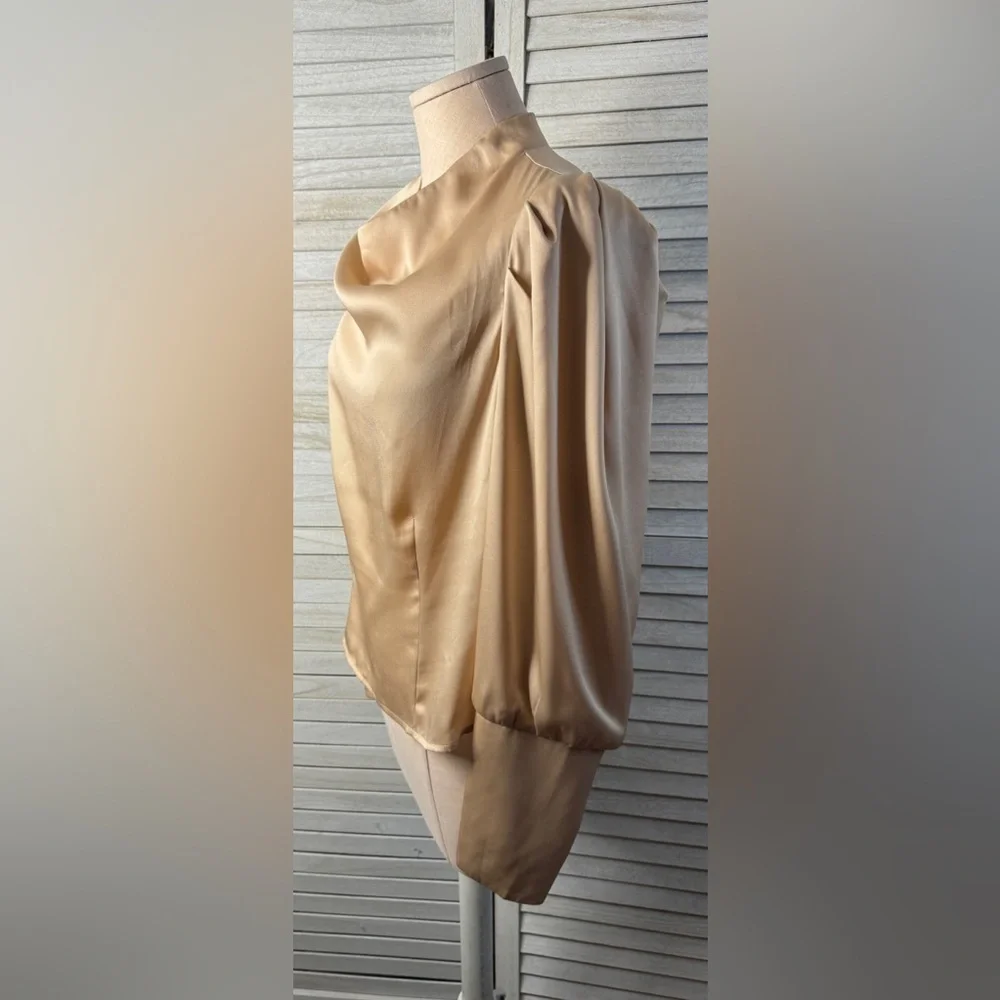 Astr Gold Satin Blouse Size Large Elegant Cowl Neck Puff Sleeve Top Luxe